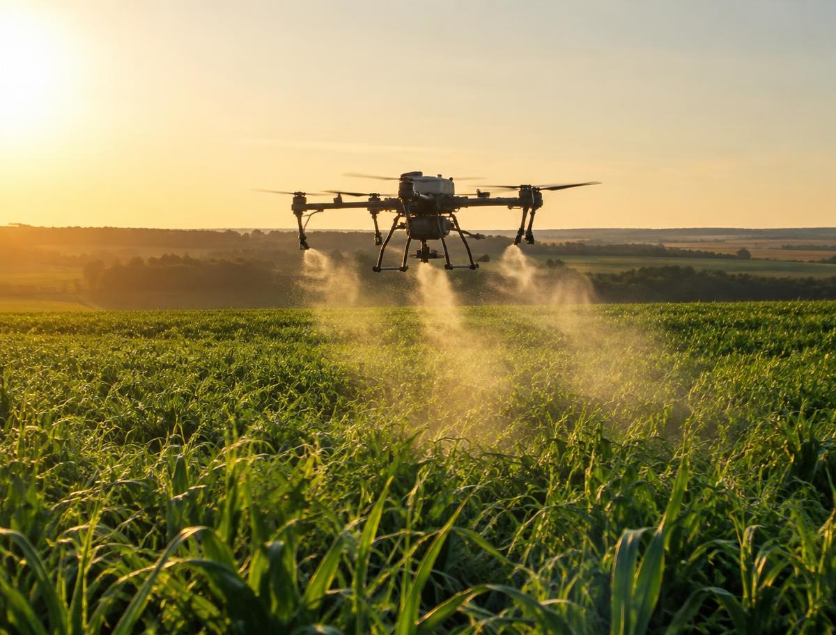Drone agrícola em operação sobre uma plantação