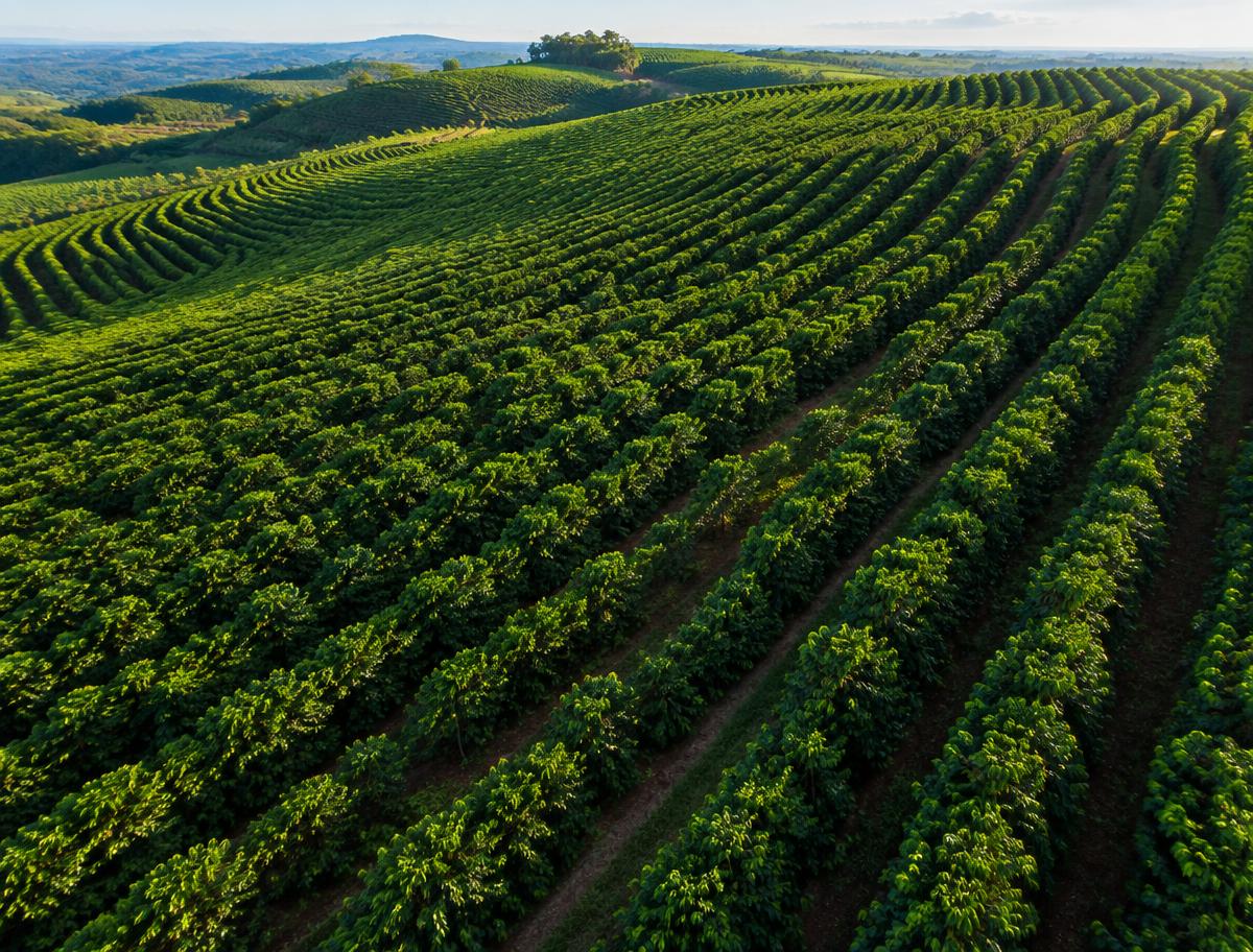 Fileiras de uma plantação de café em relevo ondulado